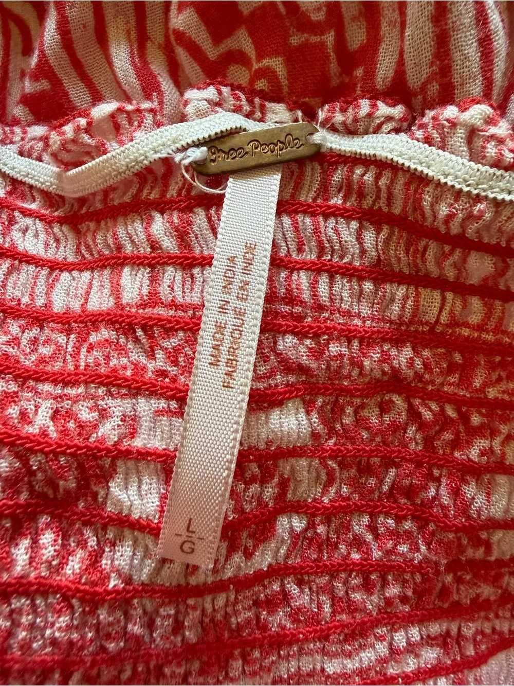 Free People, large, red & white boho-patterned strapless wide-leg jumpsuit